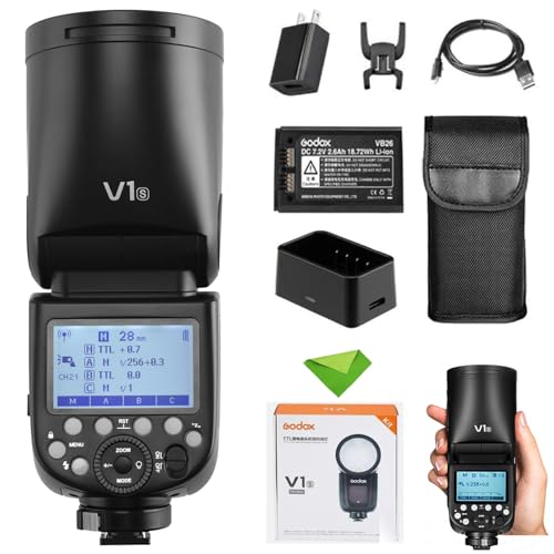 Godox V1 V1-S Blitz für Sony Kamera TTL-Blitz Speedlite 1/8000 HSS, 480 Blitze mit voller Leistung, 1,5 s Wiederaufladezeit, 76 Ws 2600 mAh Li-Ionen-Akku Rundkopfblitz Godox Blitzgerät für Sony Kamera von Godox