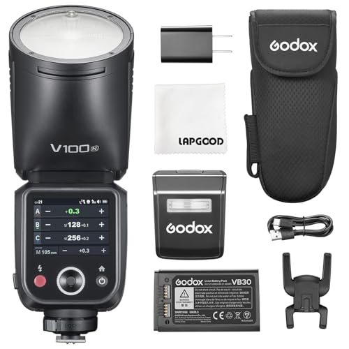 Godox V100-N 100W TTL Kamerablitz für Nikon,2.4G Wireless Rundkopf Kamerablitz mit Externer Blitz SU-1,HSS 1/8000s 2980mAh Lithium Batterie Blitzgeräte,Godox V1Pro N Aufgerüstet von Godox
