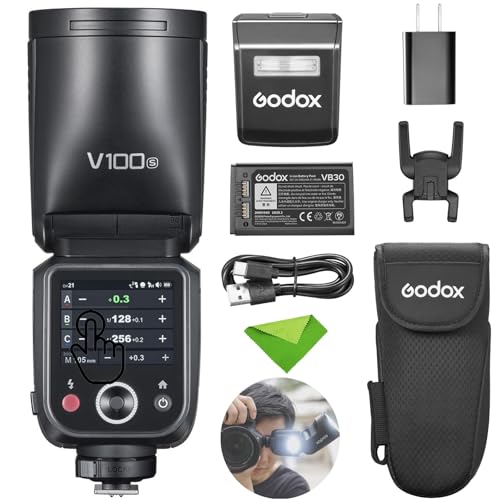 Godox V100S V100-S Blitz für Sony-Kamera TTL-Blitzgerät, 400 Blitze mit voller Leistung, 1,7 s Wiederaufladezeit, 2,4 G kabellos mit externem Blitz, Touchscreen-Blitz Speedlite von Godox