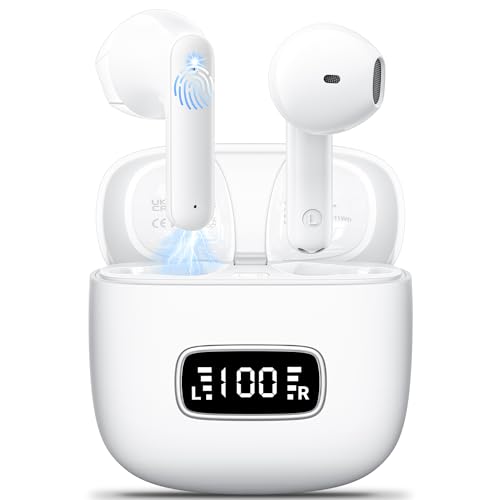 Bluetooth Kopfhörer,Godyse Kopfhörer Kabellos Bluetooth 5.3 LED Anzeige 42 std Spielzeit mit 4 Mikrofon ENC Anruf Noise Cancelling HIFI Stereo IPX6 Wasserdicht Bluetooth Kopfhörer für iOS Android Weiß von Godyse