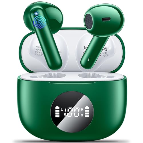 Bluetooth Kopfhörer Kopfhörer Kabellos Bluetooth 5.3 Kopfhörer Sport mit 4 Mikrofon 40 std Spielzeit IP6 Wasserdicht LED Anzeige HiFi Stereo ENC Lärmreduzierung Ohrhörer für Arbeit und Studium Grün von Godyse