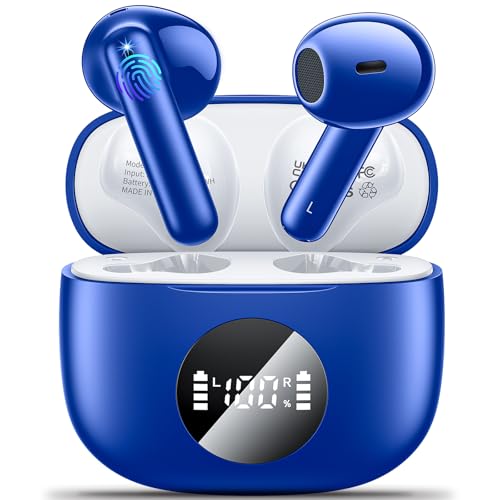 Bluetooth Kopfhörer Kopfhörer Kabellos Bluetooth 5.3 Kopfhörer Sport mit 4 Mikrofon 40 std Spielzeit IP6 Wasserdicht LED Anzeige HiFi Stereo ENC Lärmreduzierung Ohrhörer für Arbeit und Studium Blau von Godyse