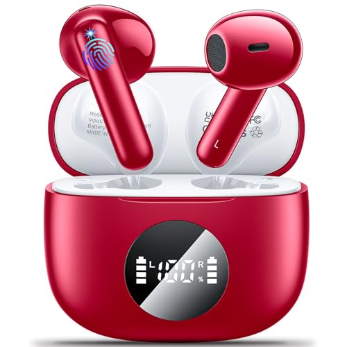 Bluetooth Kopfhörer Kopfhörer Kabellos Bluetooth 5.3 Kopfhörer Sport mit 4 Mikrofon 40 std Spielzeit IPX6 Wasserdicht LED Anzeige HiFi Stereo ENC Lärmreduzierung Ohrhörer für Arbeit und Studium Rot von Godyse