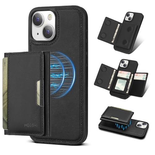 Godzoen Schutzhülle für iPhone 15, 2-in-1 abnehmbare Handyhüllen, Kartenhalter, RFID-Blockierung, modische Leder-Kartenfächer und faltbares Design (Schwarz, 15,4 cm) von Godzoen