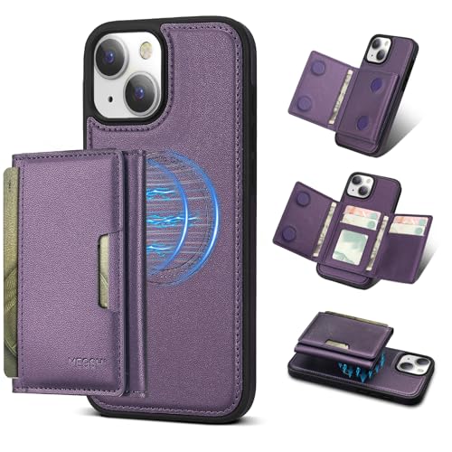 Godzoen Schutzhülle für iPhone 15 Plus, 2-in-1 abnehmbare Handyhülle, Kartenhalter, RFID-Blockierung, modisches Leder-Kartenfach und faltbares Design, Violett 17,5 cm (6,7 Zoll) von Godzoen