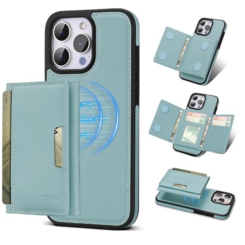 Godzoen Schutzhülle für iPhone 15 Pro, 2-in-1 abnehmbare Handyhülle, Kartenhalter, RFID-Blockierung, modisches Leder-Kartenfach und faltbares Design (Blau 15,5 cm) von Godzoen