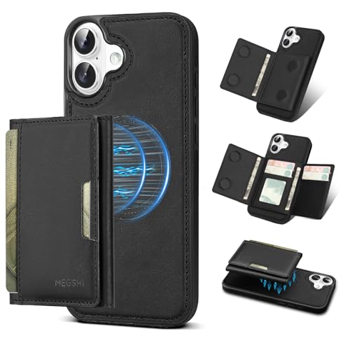 Godzoen Schutzhülle für iPhone 16 Plus, 2-in-1 abnehmbare Handyhülle, Kartenhalter, RFID-Blockierung, modisches Leder-Kartenfach und faltbares Design, Schwarz 17,5 cm (6,7 Zoll) von Godzoen
