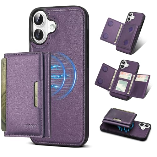 Godzoen Schutzhülle für iPhone 16 Plus, 2-in-1 abnehmbare Handyhülle, Kartenhalter, RFID-Blockierung, modisches Leder-Kartenfach und faltbares Design, Violett 17,5 cm (6,7 Zoll) von Godzoen