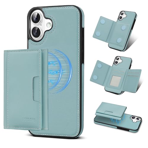 Godzoen Schutzhülle für iPhone 16 Plus, 2-in-1 abnehmbare Handyhülle, Kartenhalter, RFID-Blockierung, modisches Leder-Kartenfach und faltbares Design (Blau 17,5 cm) von Godzoen