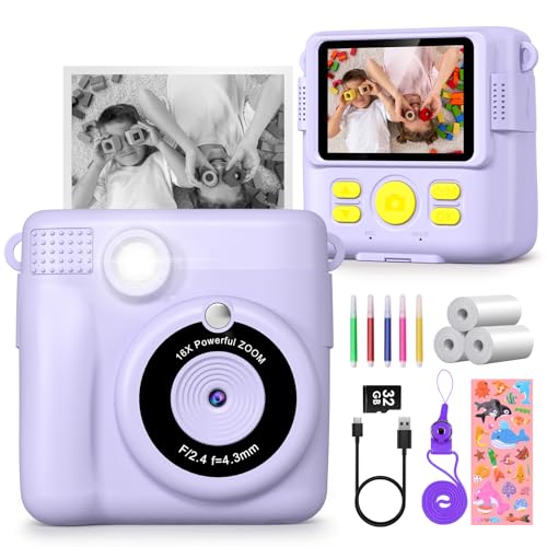 Gofunly Kinderkamera Sofortbildkamera, Sofortbildkamera Kinder 2,4 Zoll Bildschirm 1080P Videokamera Kamera Kinder Sofortdruck mit 32GB Karte & 3 Rollen Druckpapier Geschenk für Kinder 3-12 Jahren von Gofunly