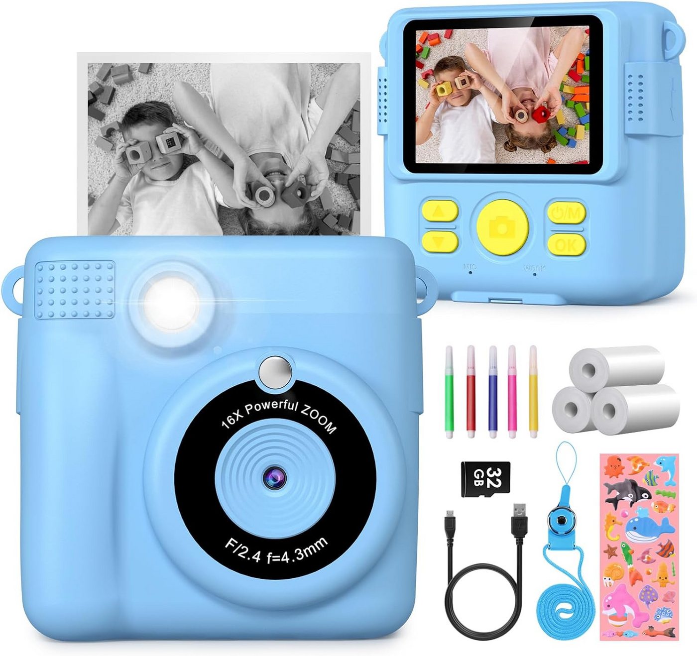 Gofunly Multifunktionale Sofortdruckkamera Kinderkamera (12 MP, 16x opt. Zoom, inkl. mit 1000mAh Akku und gratis 32GB-Karte für stundenlange Nutzung, 2,4-Zoll-IPS-Bildschirm,16-fachem Digitalzoom & 1080P-Videoaufnahmen) von Gofunly