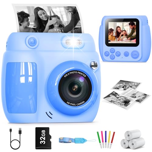 Gofunly Sofortbildkamera Kinder, 2,4 Zoll Bildschirm Kinderkamera Sofortbildkamera mit 32GB Karte & Druckpapier, 1080P HD Kamera Kinder Sofortdruck, Geschenk für 3-12 Jungen und Mädchen (Blau) von Gofunly
