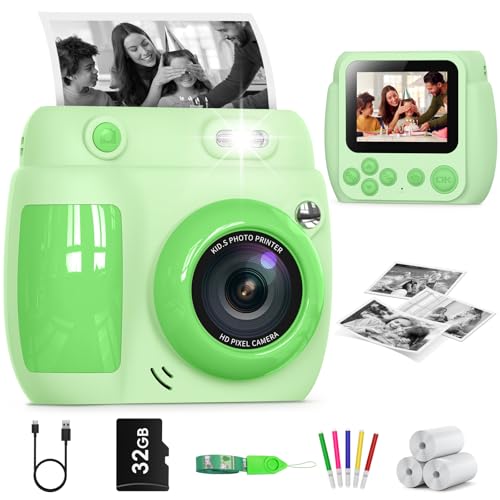 Gofunly Sofortbildkamera Kinder, 2,4 Zoll Bildschirm Kinderkamera Sofortbildkamera mit 32GB Karte & Druckpapier, 1080P HD Kamera Kinder Sofortdruck, Geschenk für 3-12 Jungen und Mädchen (Grün) von Gofunly