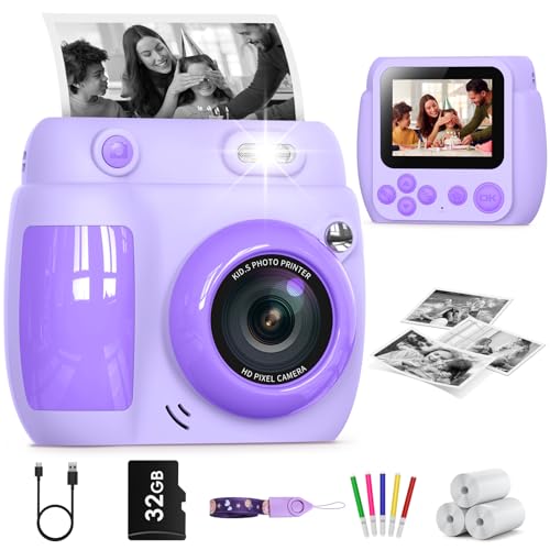 Gofunly Sofortbildkamera Kinder, 2,4 Zoll Bildschirm Kinderkamera Sofortbildkamera mit 32GB Karte & Druckpapier, 1080P HD Kamera Kinder Sofortdruck, Geschenk für 3-12 Jungen und Mädchen (Lila) von Gofunly