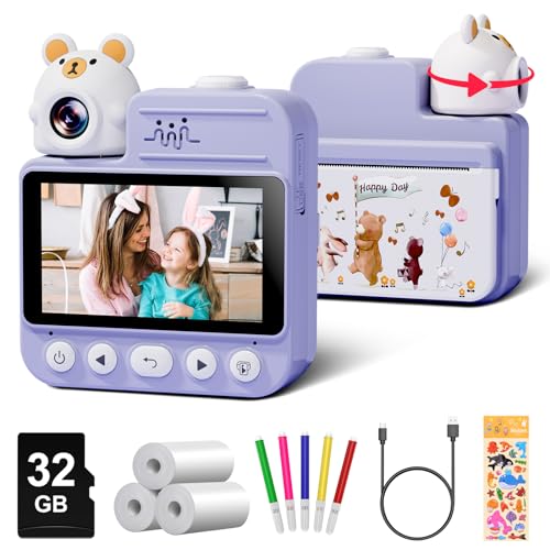 Gofunly 3,0 Zoll Sofortbildkamera Kinder, Kinderkamera Sofortbildkamera mit 32GB Karte & 3 Rollen Druckpapier, HD 1080P Video Kamera Kinder Sofortdruck Geschenk für Kinder 3-12 Jahren von Gofunly