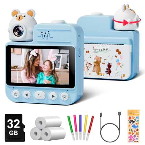 Gofunly Sofortbildkamera Kinder, 3,0 Zoll Bildschirm Kinderkamera Sofortbildkamera mit 32GB Karte & 3 Rollen Druckpapier, HD 1080P Video Kamera Kinder Sofortdruck Geschenk für Kinder 3-12 Jahren von Gofunly