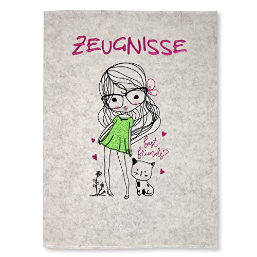 Goldi-Design Zeugnismappe Mädchen mit Katze weiß 100% Wollfilzumschlag und Sichtbuch DIN A4 mit 20 Hüllen von Goldi-Design