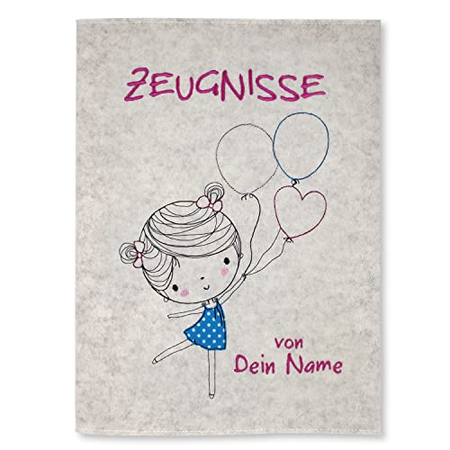 Goldi-Design Zeugnismappe Mädchen mit Luftballons personalisiert mit Namen 100% Wollfilzumschlag und Sichtbuch DIN A4 mit 20 Hüllen von Goldi-Design