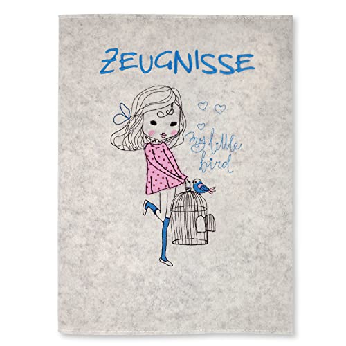 Goldi-Design Zeugnismappe My little Bird weiß 100% Wollfilzumschlag und Sichtbuch DIN A4 mit 20 Hüllen von Goldi-Design