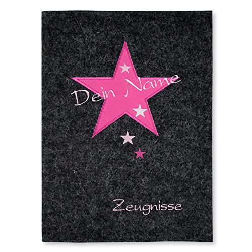 Goldi-Design Zeugnismappe Stern anthrazit/pink personalisiert mit Namen 100% Wollfilzumschlag und Sichtbuch DIN A4 mit 20 Hüllen von Goldi-Design