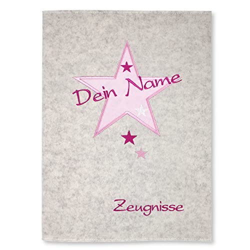 Goldi-Design Zeugnismappe Stern weiß/rosa personalisiert mit Namen 100% Wollfilzumschlag und Sichtbuch DIN A4 mit 20 Hüllen von Goldi-Design