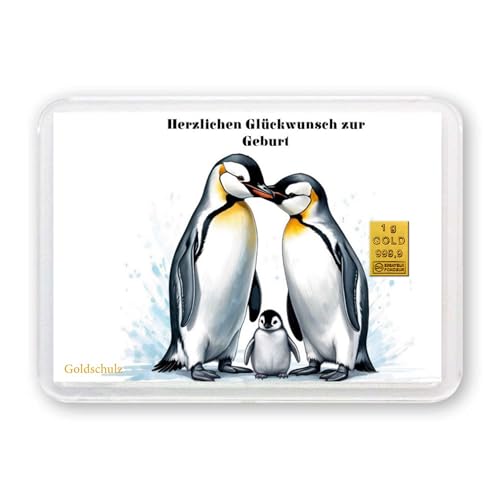 Goldschulz Goldbarren 1g 1 Gramm Motivbox - Glückwünsche zur Geburt Pinguine - Geschenk + Echtheitszertifikat von Goldschulz