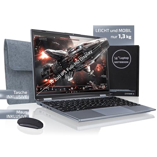 Goldstern tech PortaLite EliteBook 14 Zoll Notebook, Intel Celeron N5095, 512 GB SSD, 8 GB RAM, Windows 11 Pro, leicht & leistungsstark, inkl. Maus & Fleeceasche, ideal für Arbeit, Studium & Alltag von Goldstern tech