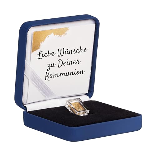 Gold zur Kommunion - Goldbarren 1g in hochwertiger Kapsel inkl. Etui und Grußkarte (Etui blau) von Goldstücke24
