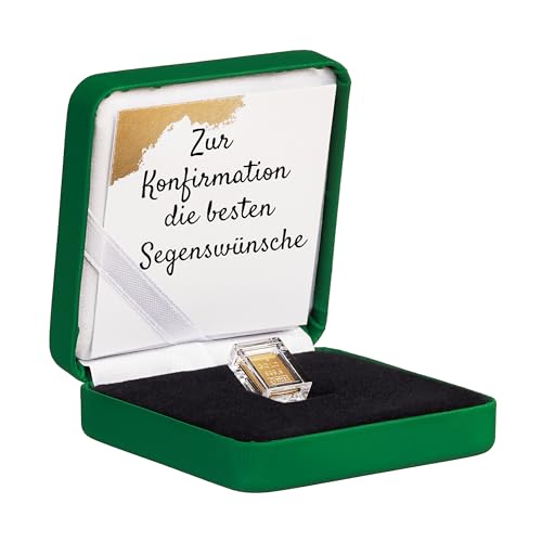 Gold zur Konfirmation - Goldbarren 1g in hochwertiger Kapsel inkl. Etui und Grußkarte (Etui grün) von Goldstücke24