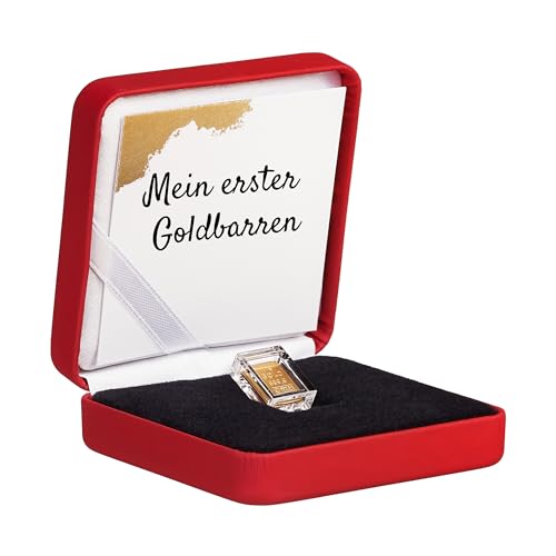 Goldgeschenk - Mein erster Goldbarren - Goldbarren 1g in hochwertiger Kapsel inkl. Etui und Grußkarte (Etui rot) - Gold als Geschenk zur Taufe oder Geburt von Goldstücke24