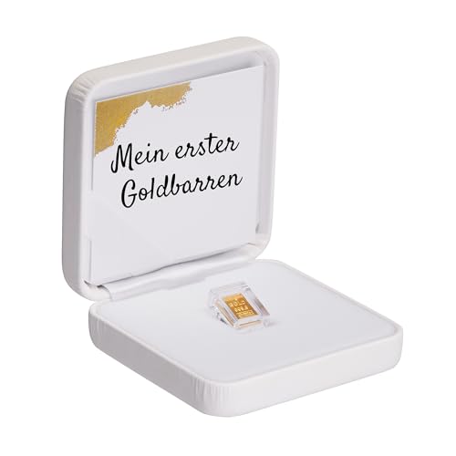 Goldgeschenk - Mein erster Goldbarren - Goldbarren 1g in hochwertiger Kapsel inkl. Etui und Grußkarte (Etui weiß) - Gold als Geschenk zur Taufe oder Geburt von Goldstücke24