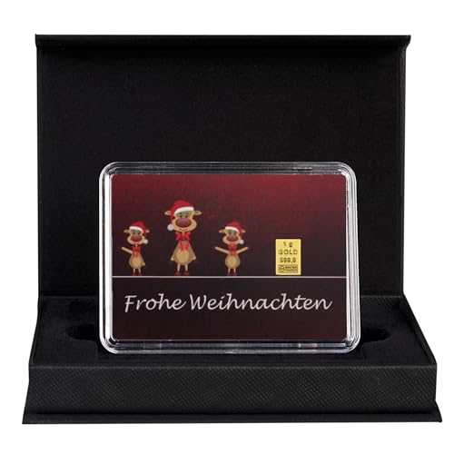 Goldstücke24 - Gold zu Weihnachten Frohe Weihnachten Rentiere - Goldbarren 1g in schwarzer Geschenkbox - Tolle Geschenkidee von Goldstücke24