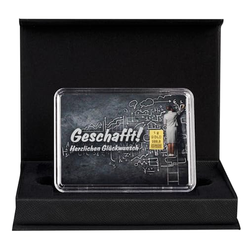 Goldstücke24 - Gold zum Verschenken Geschafft Goldbarren 1g in schwarzer Geschenkbox - Tolle Geschenkidee zur bestandenen Prüfung von Goldstücke24