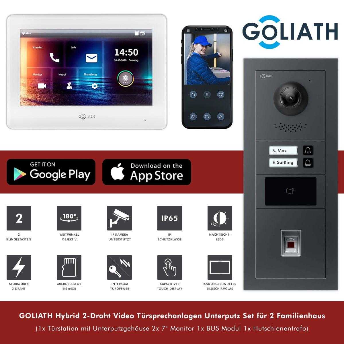 GOLIATH 2-Draht modulare Video Türsprechanlage Anthrazit/Weiß Unterputz Set für 2 Familienhaus 2x 7 Monitor + Fingerprint & RFID Modul von Goliath-Intercom