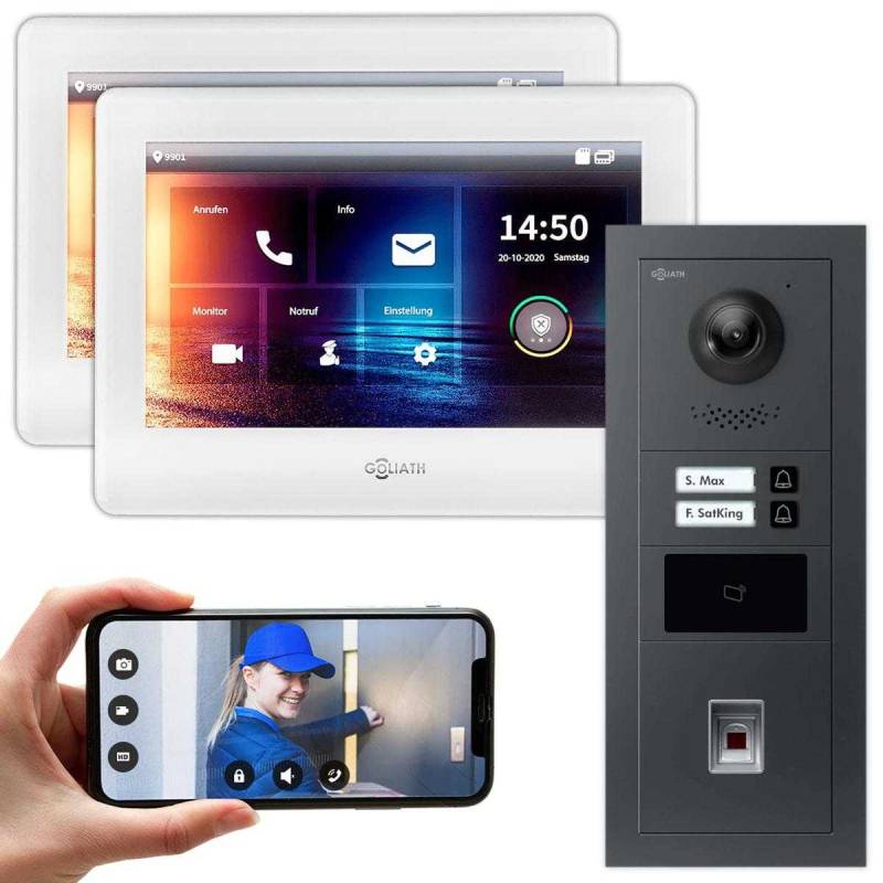 GOLIATH 2-Draht modulare Video Türsprechanlage Anthrazit/Weiß Unterputz Set für 2 Familienhaus 2x 7 Monitor + Fingerprint & RFID Modul von Goliath-Intercom