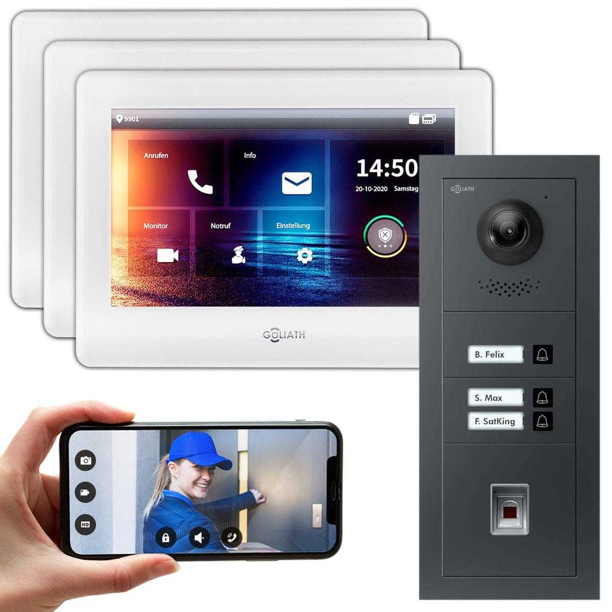 GOLIATH 2-Draht modulare Video Türsprechanlage Anthrazit Unterputz Set für 3 Familienhaus 3x 7 Monitor Weiß + Fingerprint Modul von Goliath-Intercom