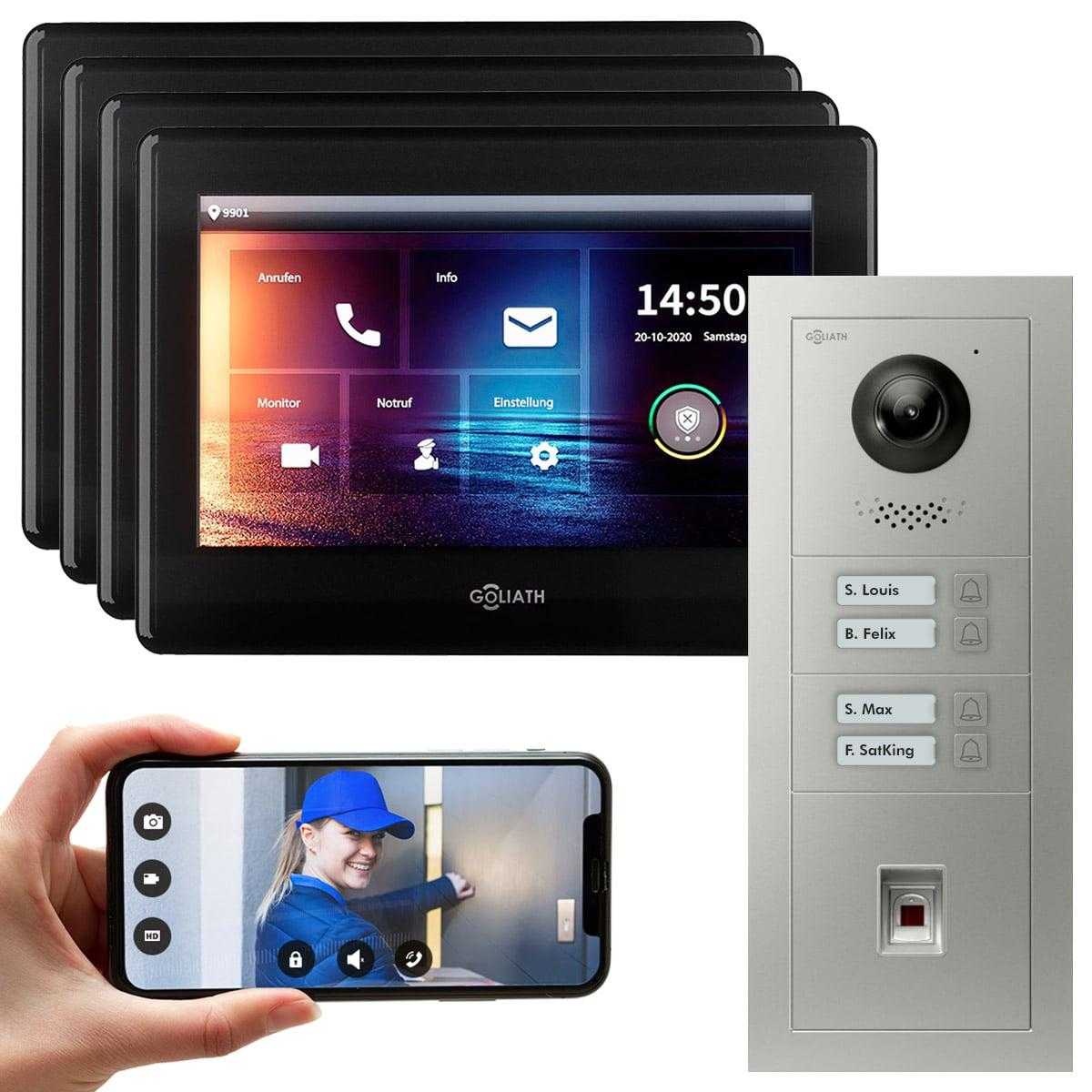 GOLIATH 2-Draht modulare Video Türsprechanlage Silber Unterputz Set für 4 Familienhaus 4x 7 Monitor Schwarz + Fingerprint Modul von Goliath-Intercom