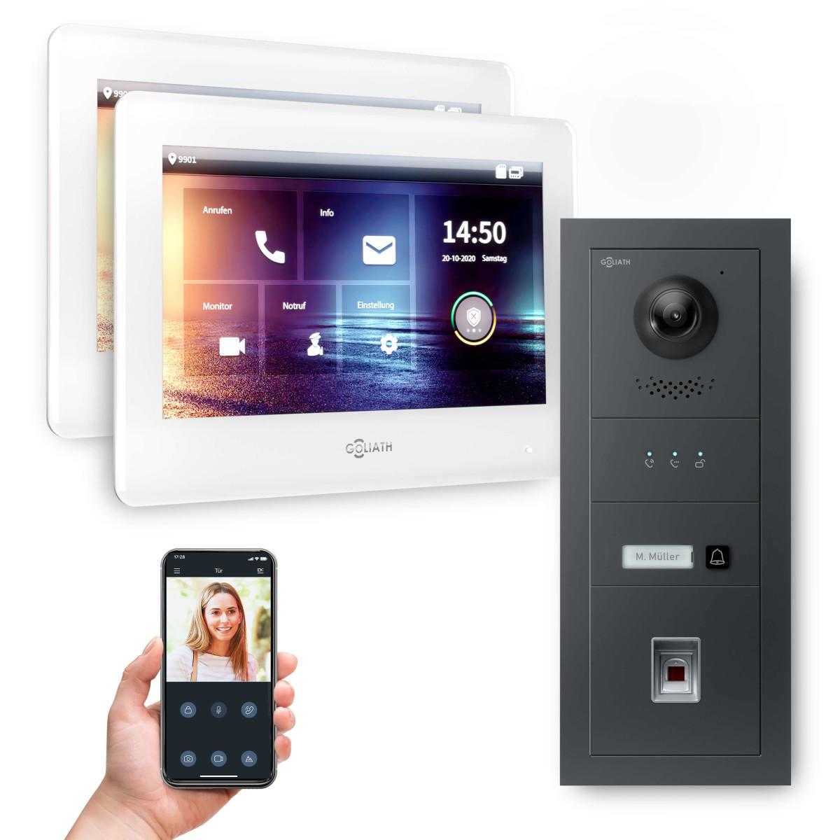 GOLIATH 2-Draht modulare Video Türsprechanlage Unterputz Set für 1 Familienhaus 2x 7 Weiß Anthrazit  + Fingerprint & Feedback Modul von Goliath-Intercom