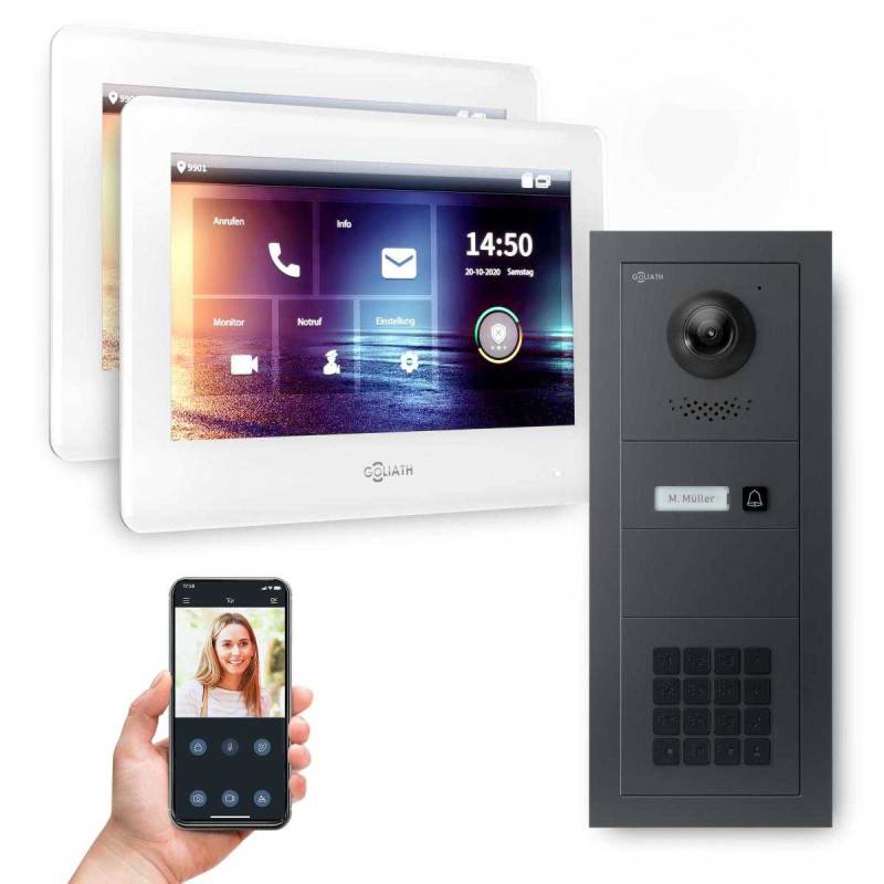 GOLIATH 2-Draht modulare Video Türsprechanlage Unterputz Set für 1 Familienhaus 2x 7 Weiß Anthrazit  + KeyPad Modul von Goliath-Intercom