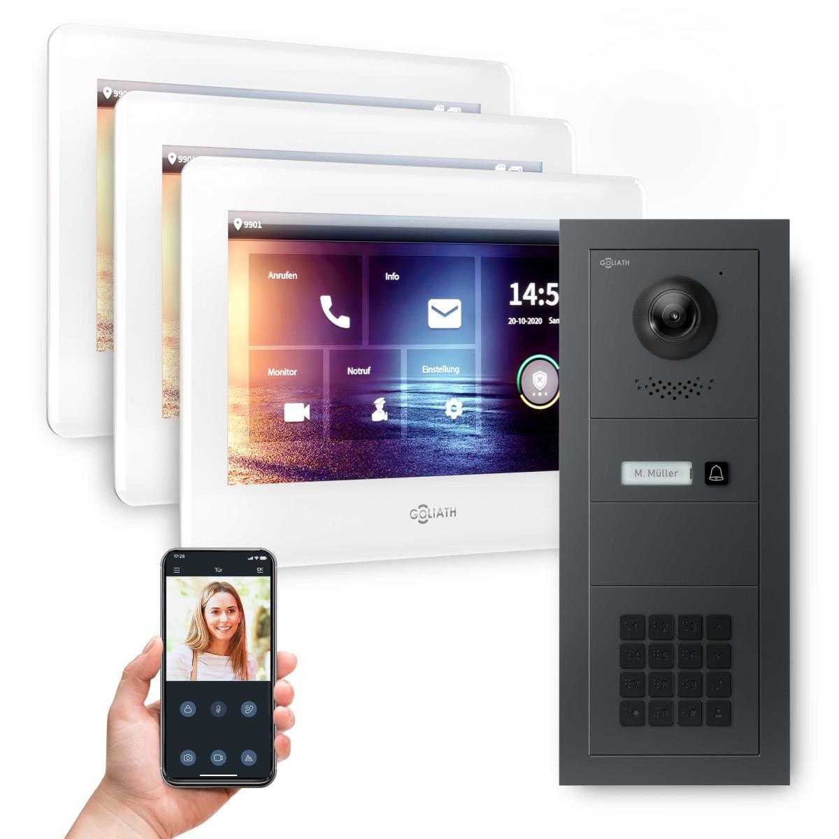 GOLIATH 2-Draht modulare Video Türsprechanlage Unterputz Set für 1 Familienhaus 3x 7 Weiß Anthrazit  + KeyPad Modul von Goliath-Intercom