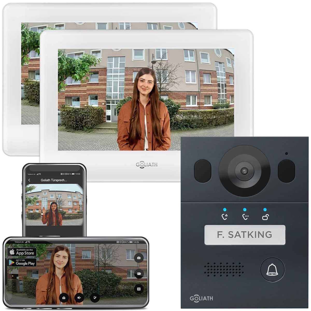 GOLIATH Basic Line Anthrazit/Weiß Full HD Video Türsprechanlage Set für 1 Familienhaus 2x 7 Monitor Unterputz von Goliath-Intercom