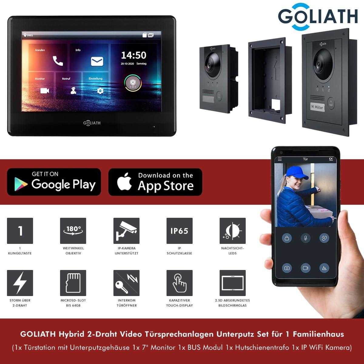 GOLIATH Hybrid 2-Draht Video Türsprechanlage Unterputz Set für 1 Familienhaus 1x 7 Monitor Schwarz Anthrazit mit WiFi-Kamera von Goliath-Intercom