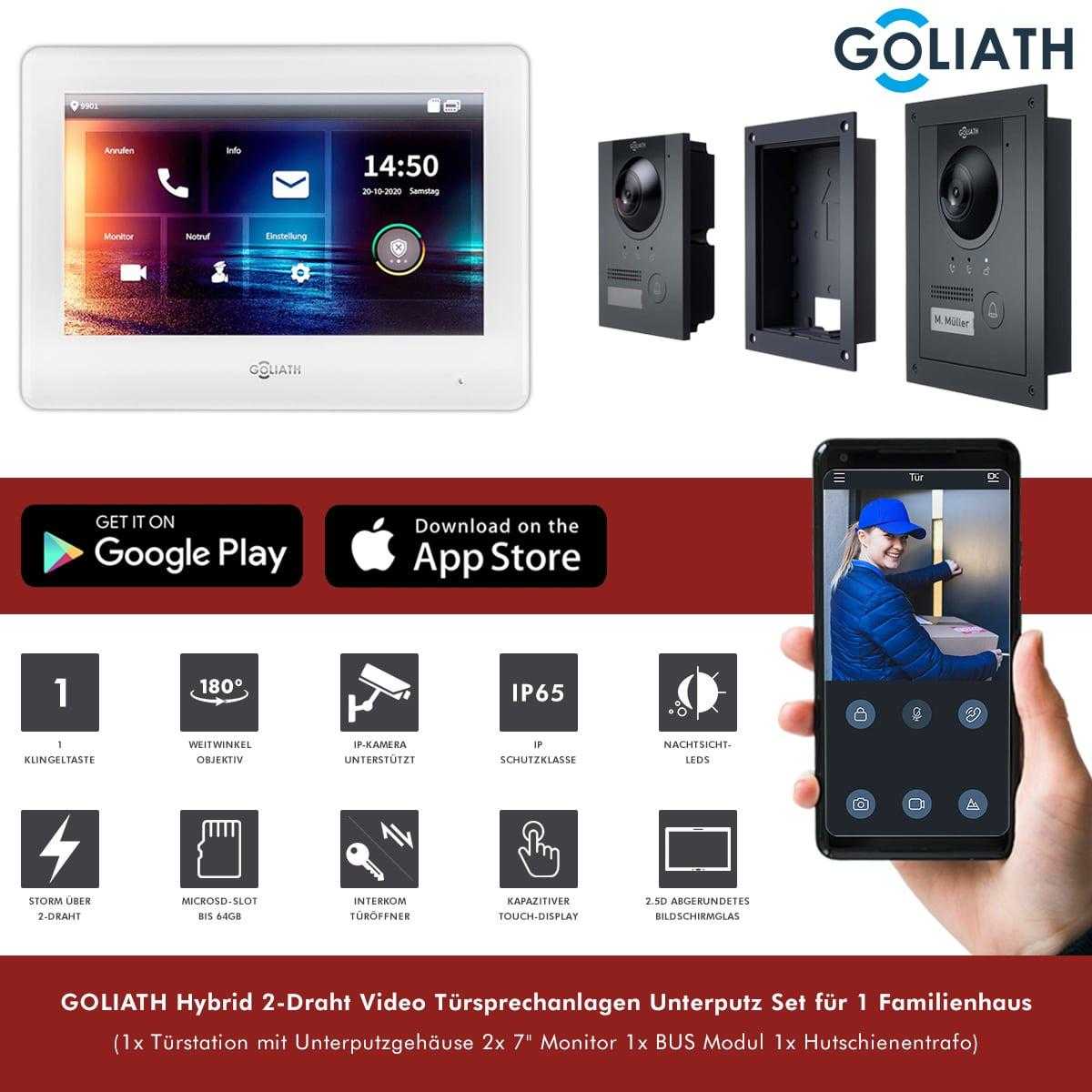 GOLIATH Hybrid 2-Draht Video Türsprechanlage Unterputz Set für 1 Familienhaus 2x 7 Monitor Weiß Anthrazit von Goliath-Intercom