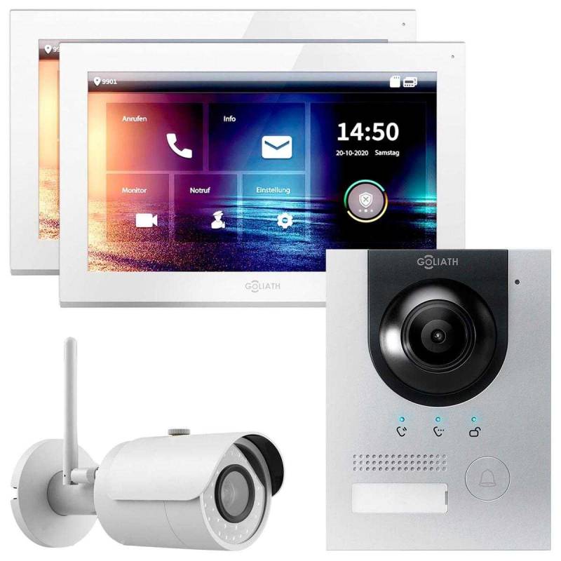GOLIATH IP Video Türsprechanlage Aufputz Set für 1 Familienhaus 2x 10 Monitor Weiß Silber mit WiFi-Kamera von Goliath-Intercom