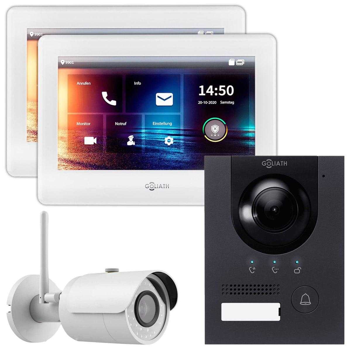 GOLIATH IP Video Türsprechanlage Aufputz Set für 1 Familienhaus 2x 7 Monitor Weiß Anthrazit mit WiFi-Kamera von Goliath-Intercom