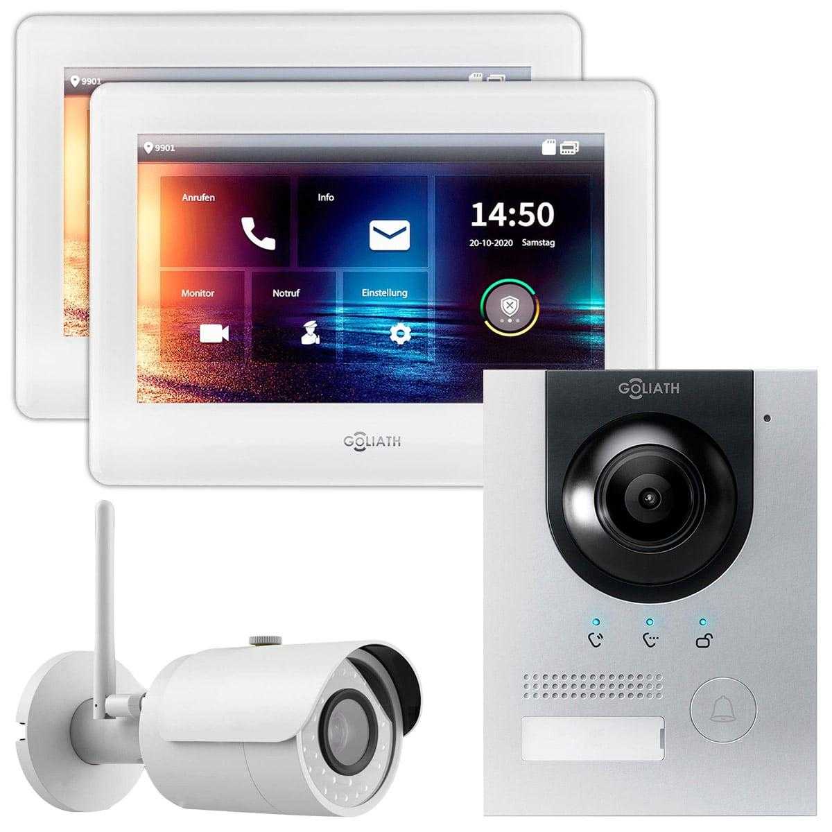 GOLIATH IP Video Türsprechanlage Aufputz Set für 1 Familienhaus 2x 7 Monitor Weiß Silber mit WiFi-Kamera von Goliath-Intercom
