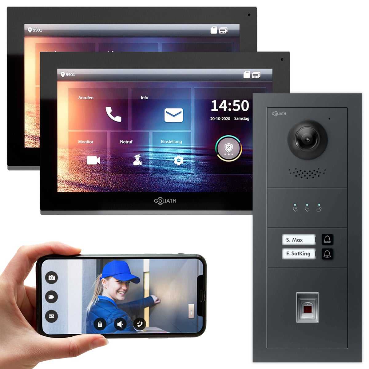 GOLIATH IP modulare Video Türsprechanlage Anthrazit Unterputz Set für 2 Familienhaus 2x 10 Monitor Schwarz + Fingerprint & Feedback Modul von Goliath