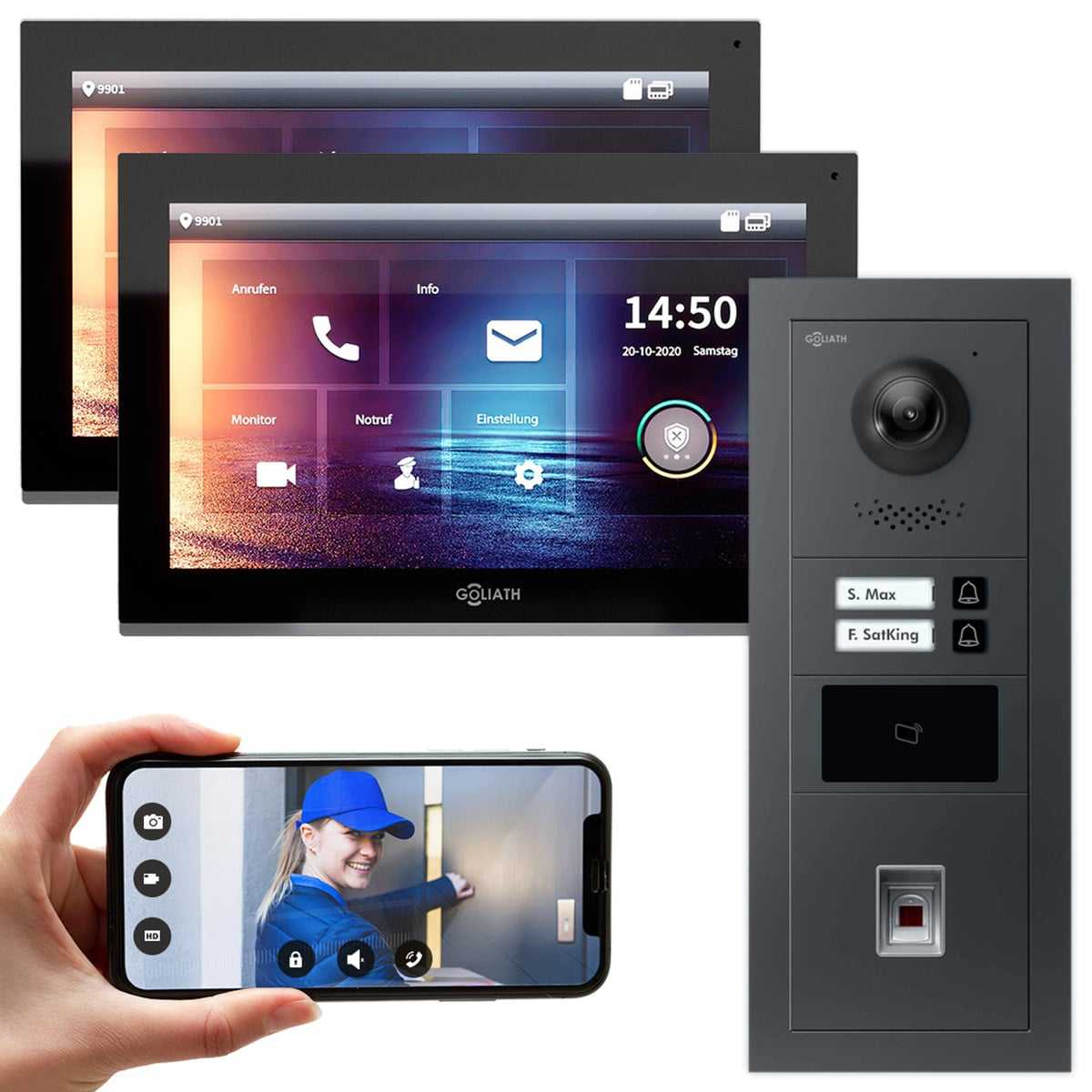 GOLIATH IP modulare Video Türsprechanlage Anthrazit Unterputz Set für 2 Familienhaus 2x 10 Monitor Schwarz + Fingerprint & RFID Modul von Goliath