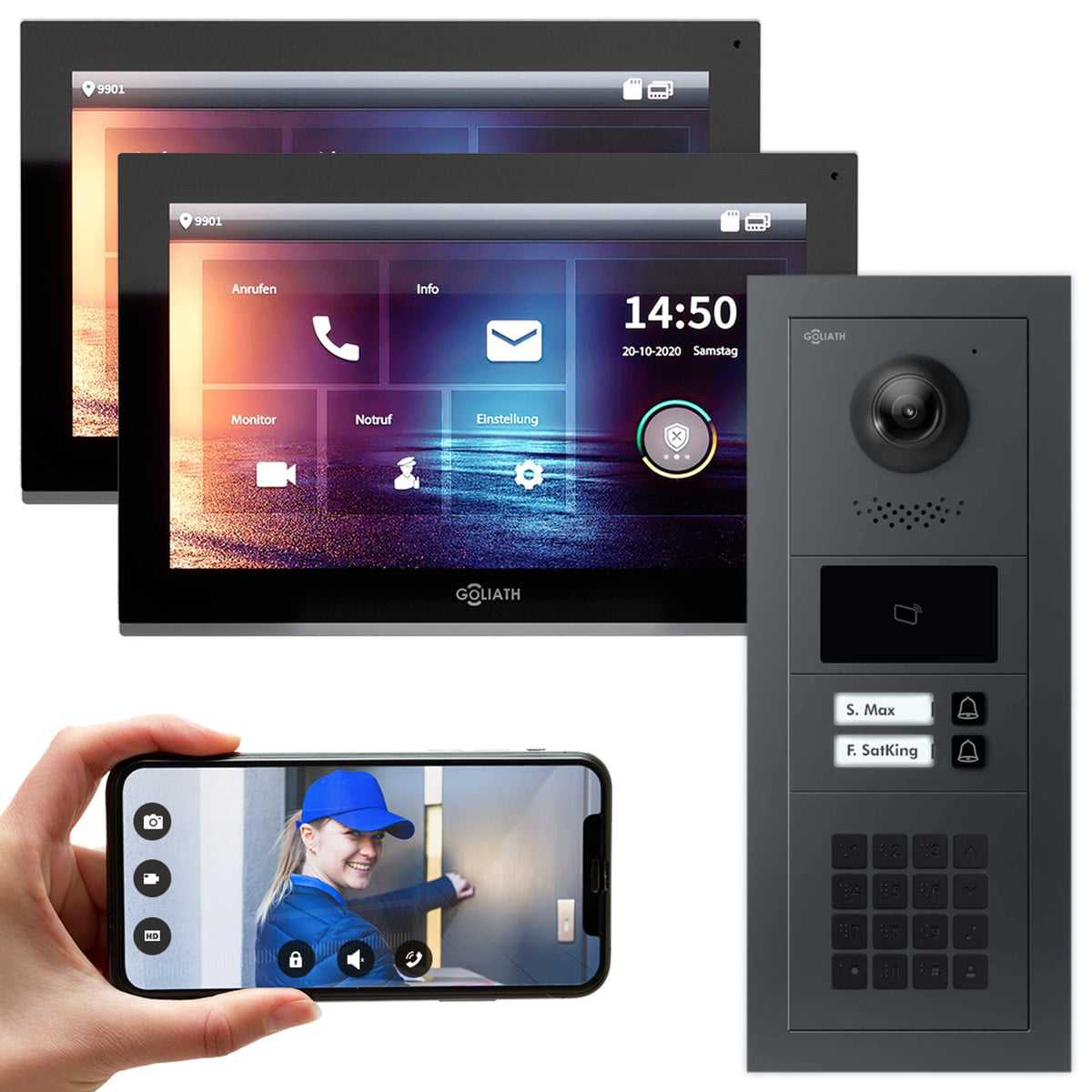 GOLIATH IP modulare Video Türsprechanlage Anthrazit Unterputz Set für 2 Familienhaus 2x 10 Monitor Schwarz + KeyPad & RFID Modul von Goliath