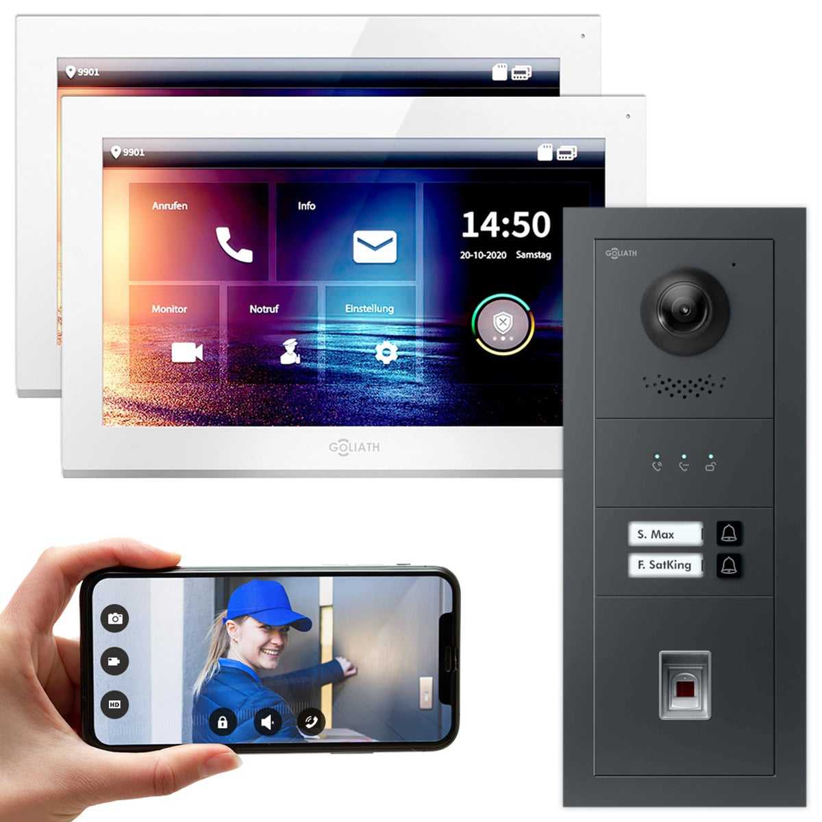 GOLIATH IP modulare Video Türsprechanlage Anthrazit Unterputz Set für 2 Familienhaus 2x 10 Monitor Weiß + Fingerprint & Feedback Modul von Goliath